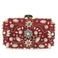 Rote Satin Abendtasche Clutch mit funkelnden Strasssteinen, Perlen und elegantem Kristall Blumenmuster. - Burgunderrot