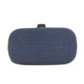 Detailed view of dark blue handmade woven evening clutch bag with gold metal clasp. - Navy Blue