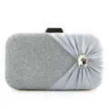 Silver glitter evening clutch bag with pleated satin design and sparkling rhinestone buckle. - Silver
