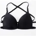Zwarte beugelloze bh met voorsluiting, dunne cups en sexy gekruiste rugbandjes voor comfort. - Letter A / Zwart