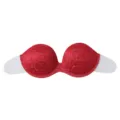 Red strapless adhesive bra with floral lace, backless invisible design for evening dresses. - Red