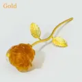 Amber yellow crystal resin rose flower ornament with golden stem gift home decor SKU - Dyed Yellow - Gold Mount - Curved Style