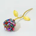 Crystal crushed stone rose flower ornament with gold stem, perfect romantic gift for Valentine. - Colorful Shell - Gold Mount - Curved Style