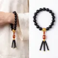 Natürliches Obsidian Perlenarmband mit Achat Quaste und Goldakzent für Meditation. - Obsidian Handheld / Hauptperle 12mm Quastenperle 4mm