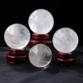 Natural white crystal spheres with wooden bases, clear feng shui gemstone balls for home decor. - Approx 3cm Sphere Diameter With Single Layer Base