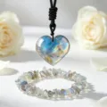 Natural Labradorite Heart Pendant Necklace And Crystal Chip Bracelet Set Gift Variant. - Labradorite Heart Pendant And Chip Bracelet Set