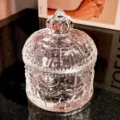 Clear glass storage jar with crown lid, vintage embossed design for home decor variant. - Vintage Relief Floral Pattern Crown Lid Storage Jar