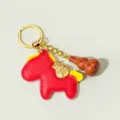 Red leather horse keychain with mini wooden gourd charm and gold money bag pendant for bag decoration - Red Jasper
