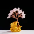 Crystal tree goldfish money tree fortune ornament with rose quartz leaves and gold fish base - Rose Quartz