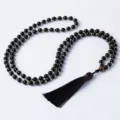 Cadena de jersey de cuentas de obsidiana natural con piedra ojo de tigre y borla negra. - Obsidiana con Ojo de Tigre / Estilo de 108 Cuentas Con Borla