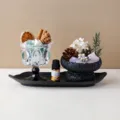 Set difusor de aroma de aceite esencial de cristal natural con copa de vidrio y bandeja negra. - 【Juego con Bandeja】Copa Fluorita Verde + Taza Cristal Blanco Rosa + Aceite (Con Flores Secas/Piñas)