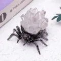 Natural crystal cluster spider ornament, metal spooky figurine for desktop decor. - Clear Quartz / Black
