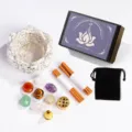 Set de soporte de incienso de cuenco de loto de cristal natural con piedras de chakra. - Juego de Cuenco de Loto de Turquesa Blanca / 1 Set