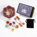 Set de soporte de incienso con cuenco de loto de cristal y piedras curativas naturales. - Juego de Cuenco de Loto de Cristal de Fresa / 1 Set
