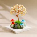 Arbre à argent en cristal de citrine naturelle avec champignons mignons pour déco bureau maison. - Arbre de l'Argent Citrine (Champignon et Pierre Brute) / 12 Branches / 9 Perles