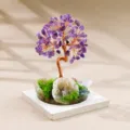 Arbre a argent en cristal bonsai avec base geode d'amethyste pour decoration de bureau. - Arbre de l'Argent Améthyste (Pierre Brute et Géode) / 12 Branches / 9 Perles