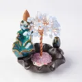 Crystal money tree backflow incense burner home decor with ceramic lotus leaf base and healing stones. - Aquamarine Backflow Incense Burner / Unscented