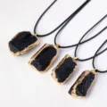 Natural black tourmaline rough stone gilded pendant necklace with leather cord jewelry - With Leather Cord