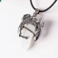 Natural Crystal Dragon Pendant Silver Tone Double Terminated Quartz Necklace Jewelry With Cord - With Leather Cord / White Crystal