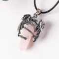 Natural rose quartz crystal dragon claw pendant necklace with black cord for women and men. - With Leather Cord / Rose Quartz