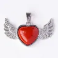 Angel wing heart pendant necklace, red stone silver charm for jewelry making accessories - Red Jasper