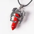 Red crystal hexagonal column dragon wing pendant necklace, vintage gothic style jewelry. - Red Jasper