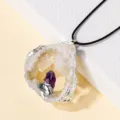 Natural crystal geode pendant necklace with silver edge and black cord for daily fashion. - Slab Agode with Amethyst