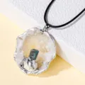 Natural crystal raw stone agate geode pendant with silver-plated edge and black necklace - Split Geode with Kyanite