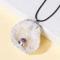 Natural crystal raw stone agate geode pendant with silver plated edge and black cord necklace. - Split Geode with Amethyst