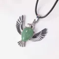 Natuurlijke groene steen vredesduif hanger ketting met zilverkleurige metalen en koord. - Met Leren Koord / Aventurijn jade