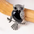 Vintage silver tone owl pendant necklace with black crystal stone, detailed retro jewelry. - Obsidian Owl Pendant / Obsidian