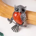 Vintage owl pendant necklace featuring red crystal stone and silver alloy retro sweater chain. - Red Jasper Owl Pendant / Red Jasper