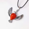 Zilverkleurige metalen rode steen duif hanger ketting met een zwarte koord voor dames - Met Leren Koord / Rode Jaspis