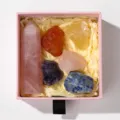 Natural crystal rough stone set gift box with hexagonal prism and colorful raw mineral specimens. - Rose Crystal Pillar Set