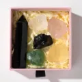 Natural crystal raw stone gift box set featuring hexagonal column, clear, rose, and quartz stones. - Obsidian Pillar Set