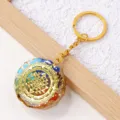 Natural crystal chip orgone resin keychain with sacred geometry metal pendant for car keys. - Style 1 (Gold Chain)