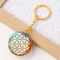 Natural crystal stone resin orgone keychain with sacred geometry flower of life design pendant. - Style 3 (Gold Chain)