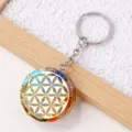 Natural Crystal Stone Orgone Keychain Flower of Life Resin Pendant Bag Accessory - Style 3 (Silver Chain)