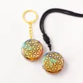 Orgone Flower of Life Natural Crystal Resin Pendant Necklace and Keychain Set Variant - Style 3 (Set: Gold Chain Keychain + Black Rope Pendant) / Two-Piece Set
