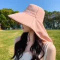 Pink sun protection bucket hat with neck flap wide brim UV blocking ponytail hole summer hat - Poncho Style / Pink
