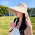 Wide brim sun hat with neck flap, UV protection outdoor bucket hat for women, ponytail hole. - Poncho Style / Beige