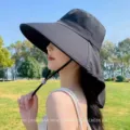 Full face sun protection large brim shawl sun hat for women neck protection anti-UV black - Poncho Style / Black