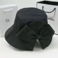 Cappello da pescatore nero con grande fiocco, cappello sole estivo tesa larga donna. - Stile con Fiocco e Spacco / Nero