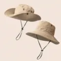 Khaki outdoor sun protection bucket hat with chin strap for hiking, camping, and fishing. - Grid Dot Outdoor [Khaki]