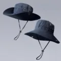 Quick dry sun hat for outdoor hiking camping fishing dark blue boonie hat with wind rope. - Grid Dot Outdoor Hats [Navy Blue]