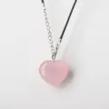 Natural pink quartz heart pendant necklace with black cord and silver extension chain for women. - Rose Quartz