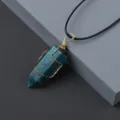 Natural blue crystal hexagonal pendant necklace with gold wire wrap, stylish handmade jewelry item. - Apatite / Pendant