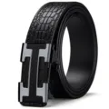 Cinturón de hombre patrón cocodrilo hebilla automática cuero negro elegante estilo - Estilo Patrón Cocodrilo Letra H / 120cm / Gris metalizado