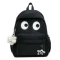 Cute black corduroy backpack for women with big eyes embroidery, casual student book bag. - Without Pendant / Black
