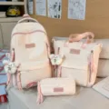 Pink school backpack set for teens cute bow embroidery multi piece student book bag - Backpack Without Pendant / Pink